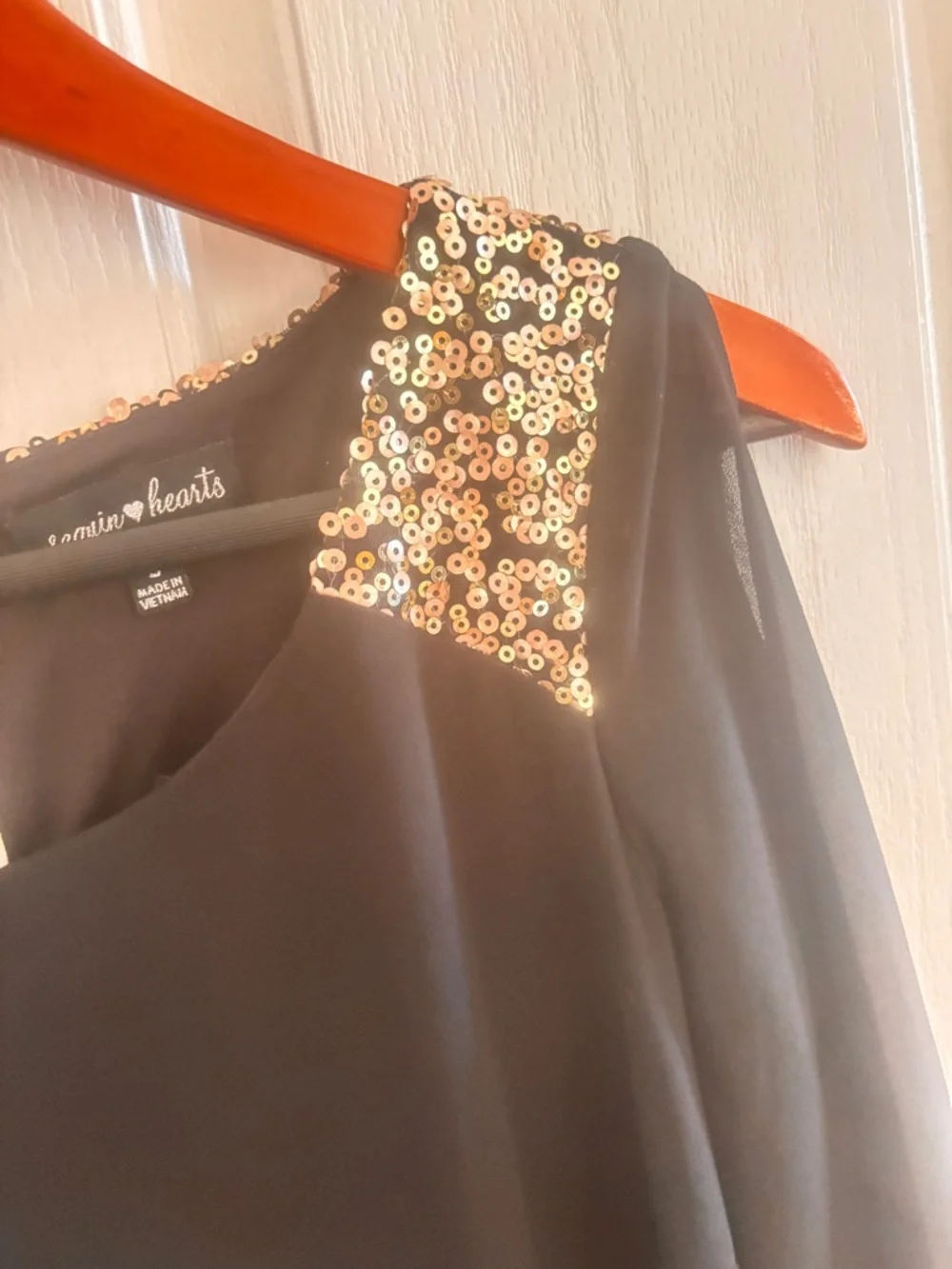 Sequin Hearts Black Chiffon Shift Dress Gold Sequin Shoulder Small - Picture 3 of 7